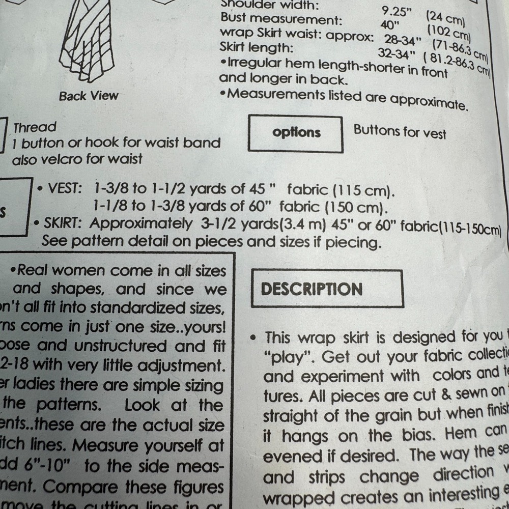 PARK BENCH Sewing Pattern No. 20 Woodstock Patchwork Skirt Vest Adjustable OS - Picture 6 of 8